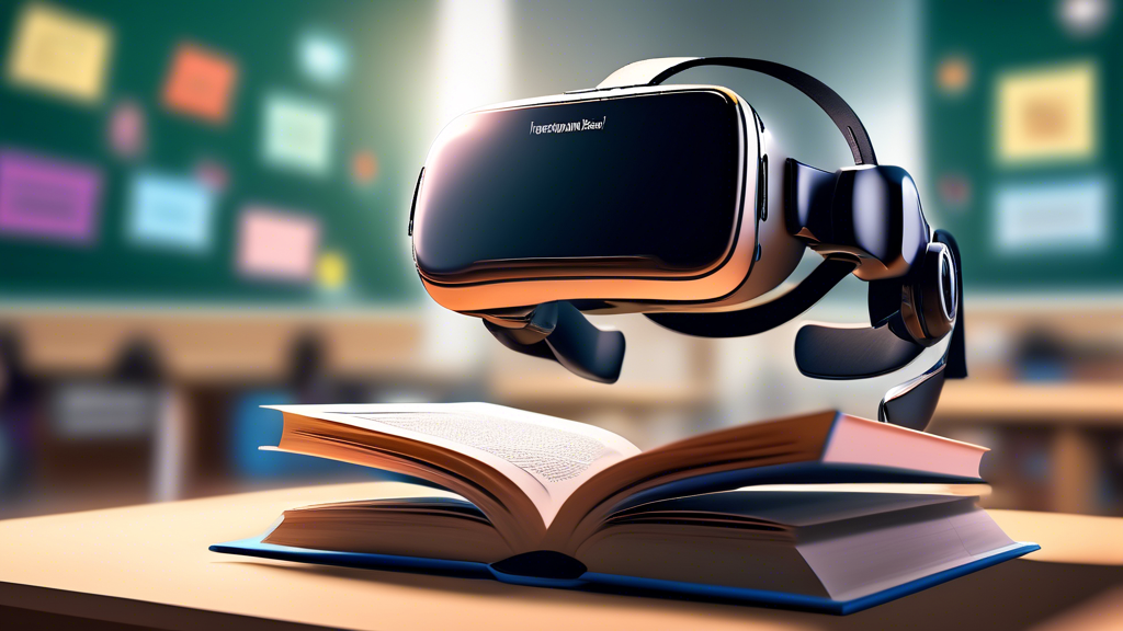 A lifelike virtual reality headset floats above a book. The pages of the book are open to a chapter on immersive learning. The headset is connected to a laptop, and the screen displays a variety of ed
