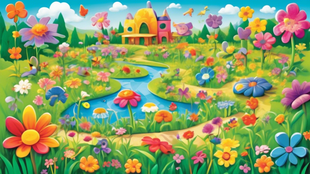 Create an image of a colorful and whimsical puzzle meadow, where each flower represents a different brain teaser for kids. Each flower is a unique challenge, such as a maze, riddle, or pattern matching game, inviting children to engage their minds an