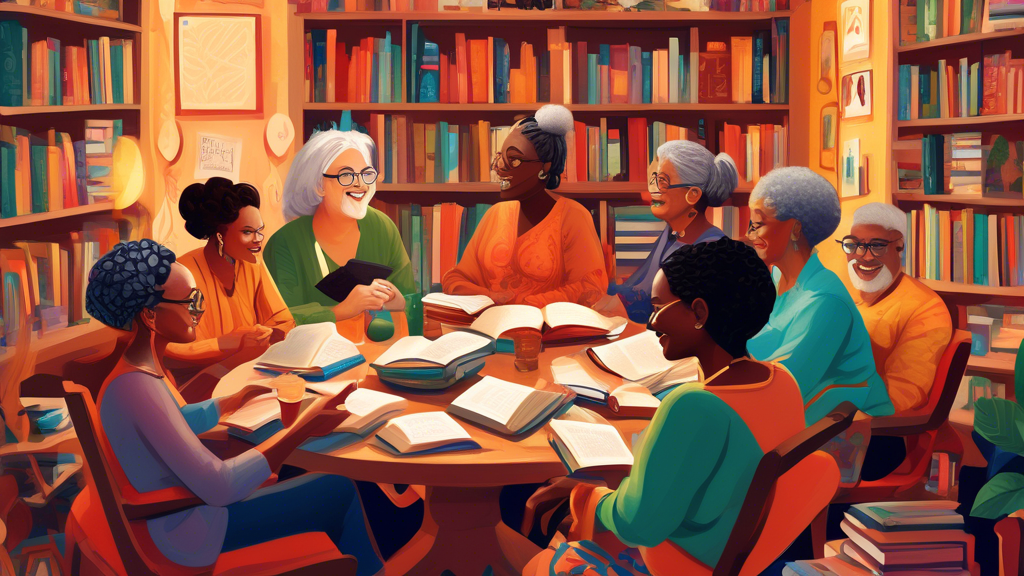 Intricate painting of a book club meeting with diverse members from various backgrounds, ages, and cultures, gathered around a table in a cozy and inviting setting, surrounded by towering bookshelves 