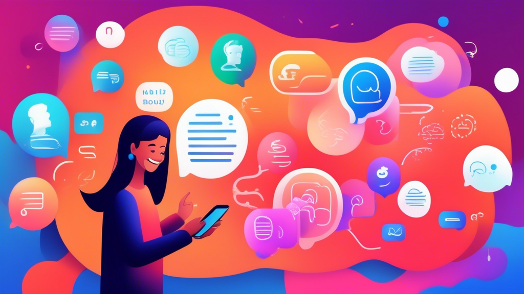 An image of a person using a language learning app on their smartphone, with speech bubbles representing the different languages they are learning floating around them. The person is smiling and appea