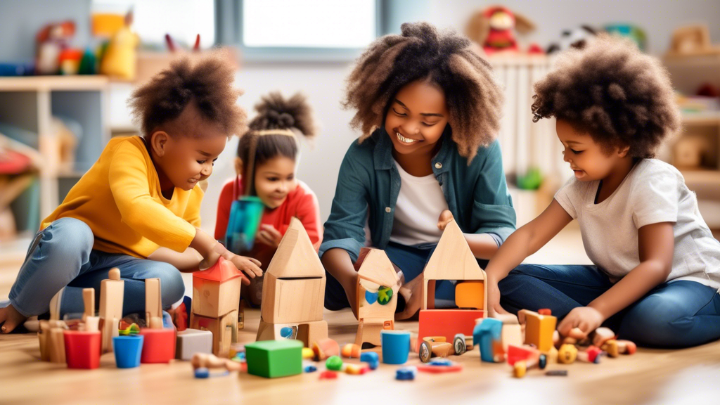 Create an image of a diverse group of young children engaging in various social skills activities in a classroom setting, such as sharing toys, taking turns, and working together on a project. The scene should depict positive interactions between chi