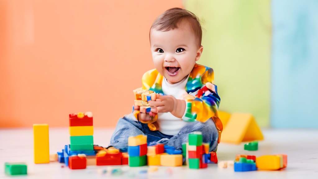 A toddler happily playing with colorful building blocks, developing their fine motor skills and dexterity