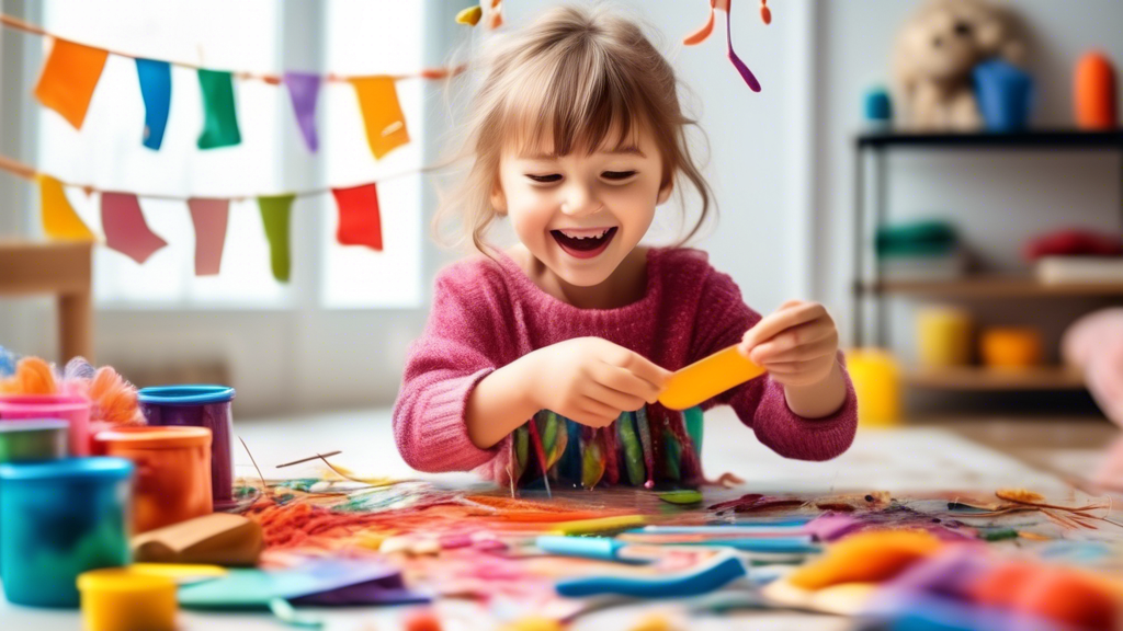 Create an image of a child happily playing with arts and crafts materials indoors on a rainy day, conveying a sense of creativity and joy in engaging in hands-on activities while staying cozy and ente