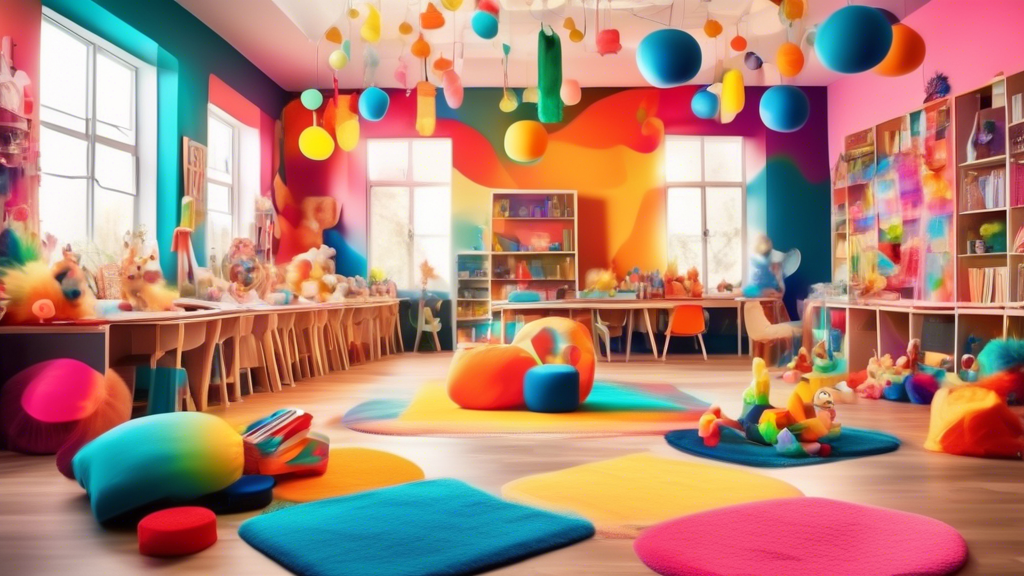 An abstract and colorful classroom filled with different sensory elements, such as soft fabrics, textured toys, and bright lights, designed to stimulate and enhance learning for students.