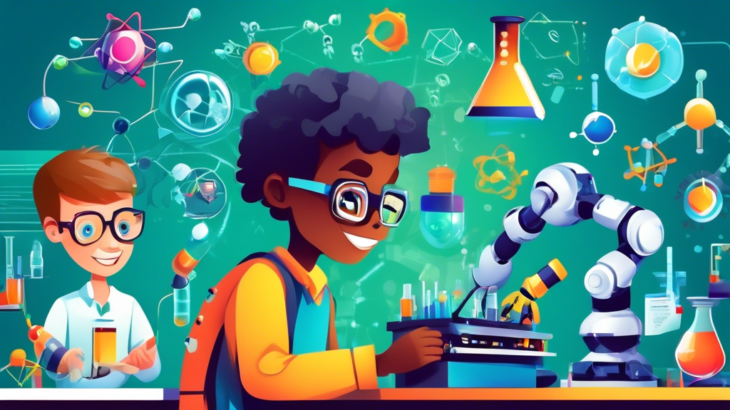 Kids working on a variety of science fair projects featuring robotics, chemistry, physics, computers, and engineering