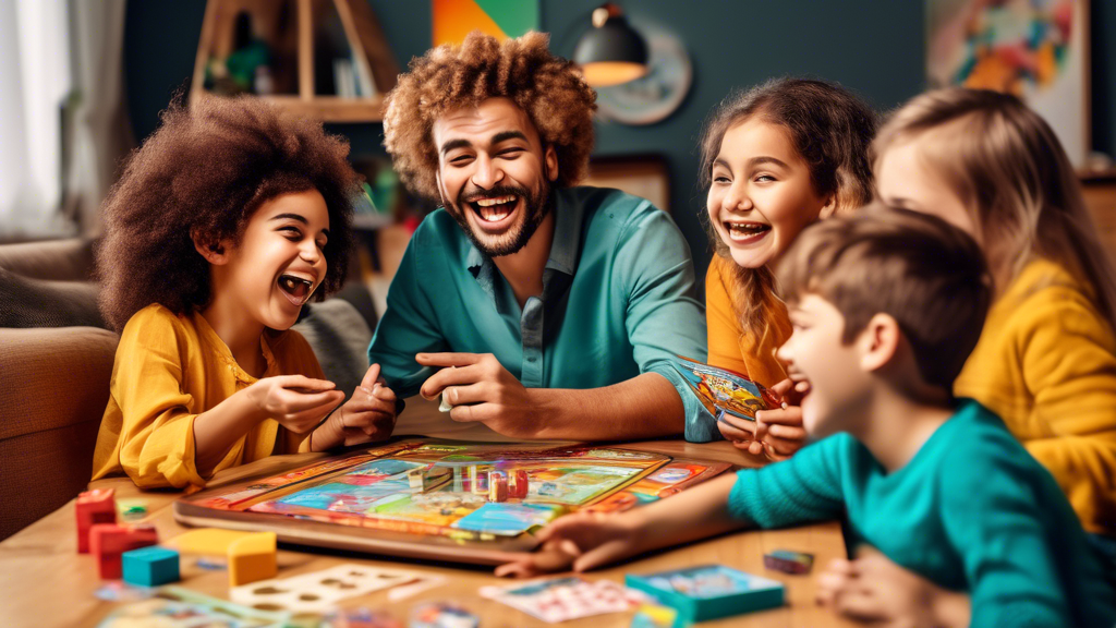 A group of children and adults sitting around a table, playing a variety of board games and card games together, smiling and laughing. The games are colorful and engaging, and the children are clearly