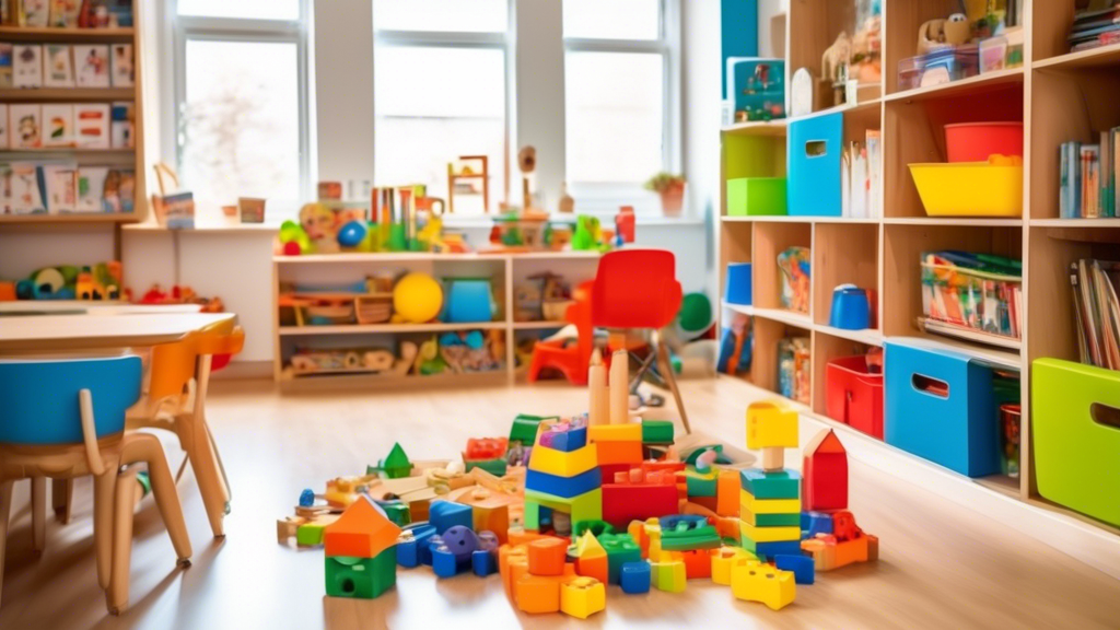 A vibrant and stimulating classroom with a wide variety of educational toys for home learning, including building blocks, puzzles, games, and books, arranged on shelves and on the floor, creating a fu