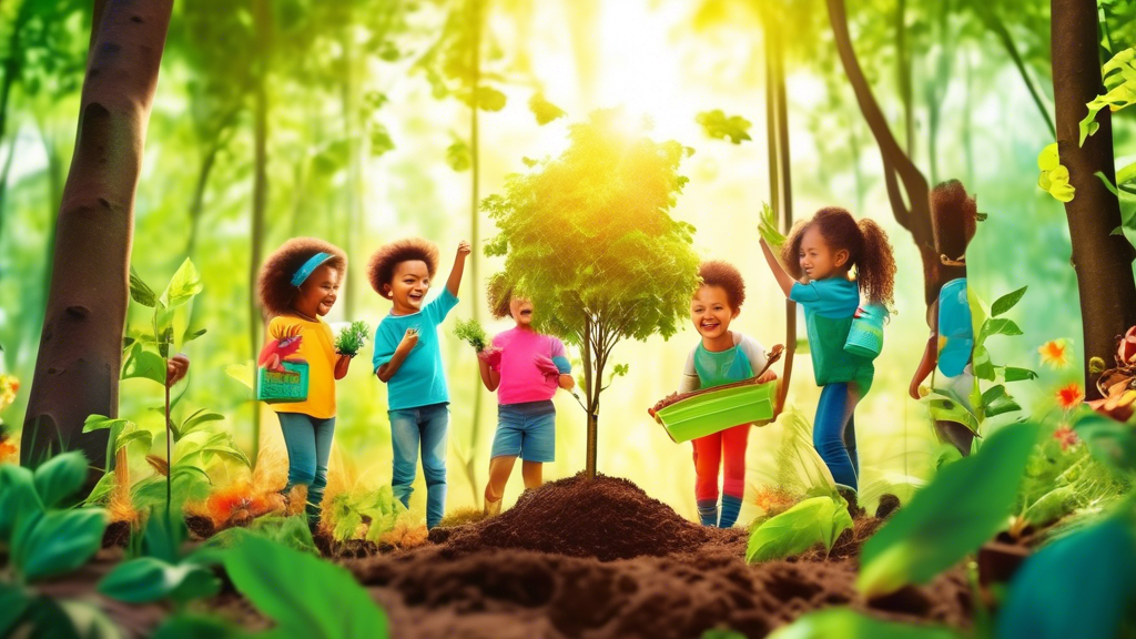 An inspirational group of children planting trees in a lush forest, surrounded by vibrant nature and sunshine, with a sense of wonder and accomplishment.