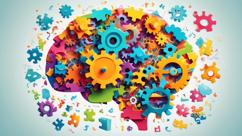 Create an image of a colorful brain composed of various puzzle pieces, surrounded by floating books, pencils, and gears symbolizing the process of fostering cognitive skills.