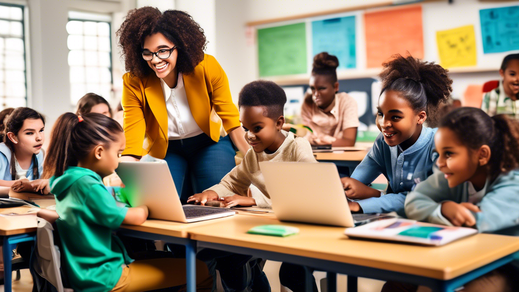 An image of children of diverse backgrounds coding on laptops in a classroom, with a teacher standing behind them. The image should convey the excitement and engagement of the students, and the suppor