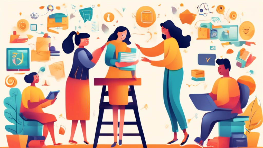 Create a whimsical and engaging illustration that depicts the collaboration and communication between parents and teachers in a way that fosters a supportive and productive learning environment for st