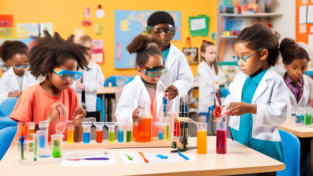 A group of diverse children, ages 6-12, engaged in a hands-on science experiment in a bright and colorful classroom setting. The children are wearing lab coats and safety goggles, and they are all act