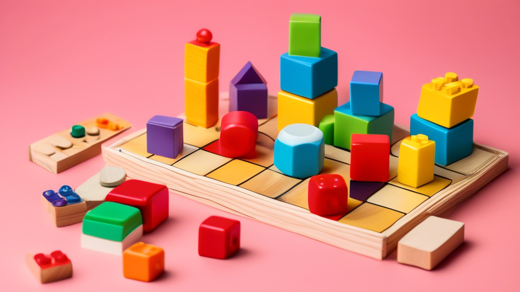 A set of three toys representing classic games that promote social skills: a board game with multiple colored pieces, a deck of bright playing cards, and a set of wooden building blocks.