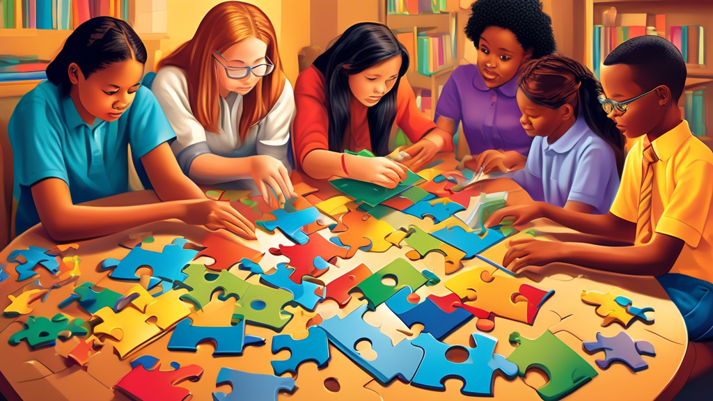 Create an image of a diverse group of students working collaboratively on a challenging educational puzzle. Each student is focused and engaged, using critical thinking skills to solve the puzzle together. The room is filled with colorful puzzles, bo