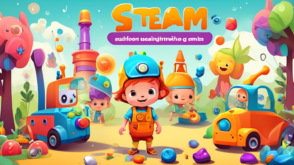 A colorful and engaging STEAM learning game for toddlers, featuring playful characters and interactive elements that promote exploration, creativity, and problem-solving skills. The game environment i