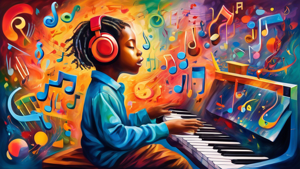 A vibrant, surreal painting that captures the connection between music education and cognitive benefits. The image should depict a child immersed in a musical experience, with colorful, abstract shape