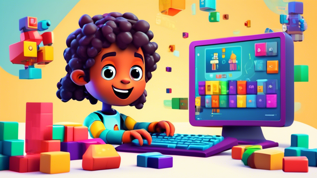 A child playing a coding game that features colorful blocks and a friendly robot character. The game is displayed on a screen and the child is using a keyboard and mouse to interact with it. The game 