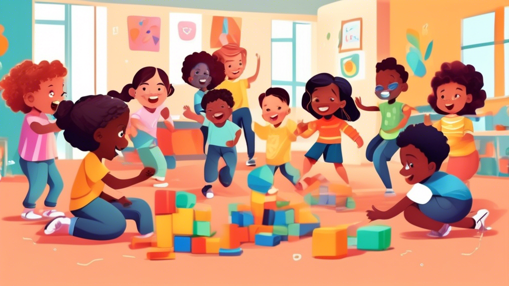 Generate an image of a group of diverse children playing and interacting in a classroom setting, symbolizing the development of social skills in early education. The image should convey a sense of joy