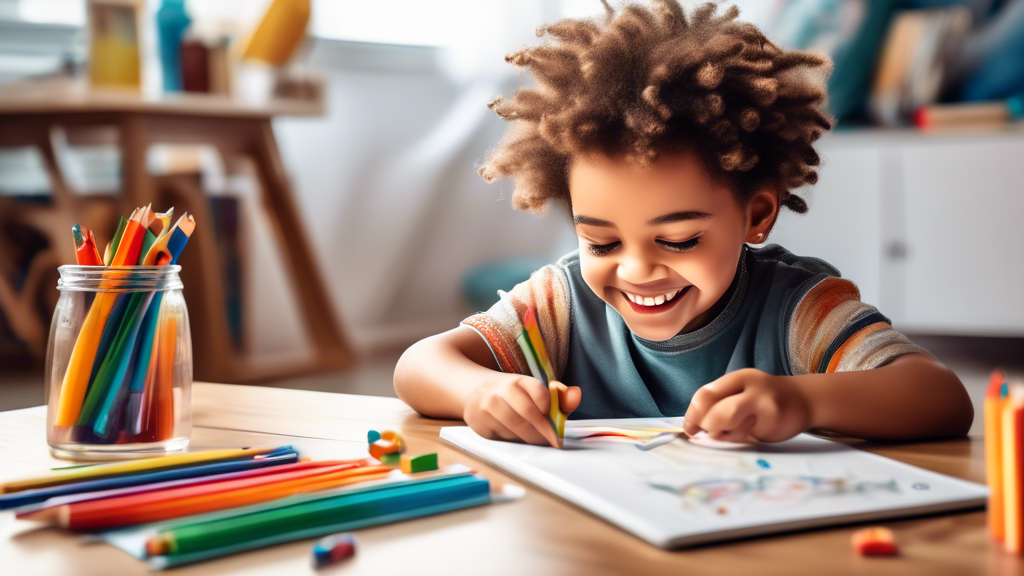 A photorealistic image of a child sitting at a table surrounded by various educational materials, such as books, blocks, crayons, and a tablet, happily learning and exploring at home.
