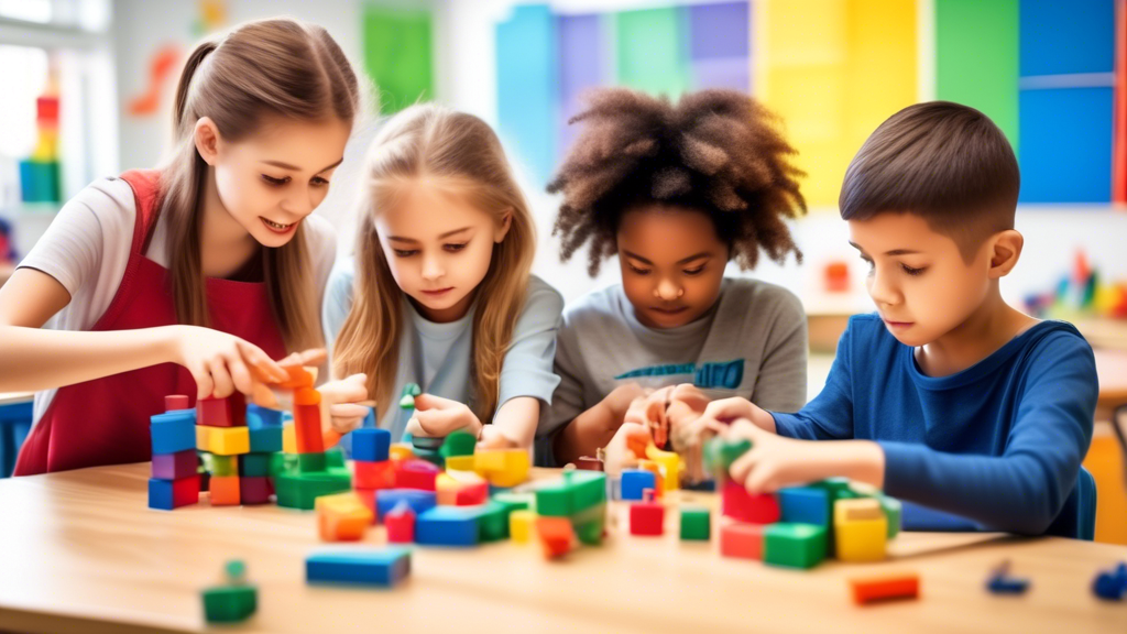 A classroom filled with gifted students engaged in hands-on learning activities, such as building with blocks, conducting science experiments, or creating art projects
