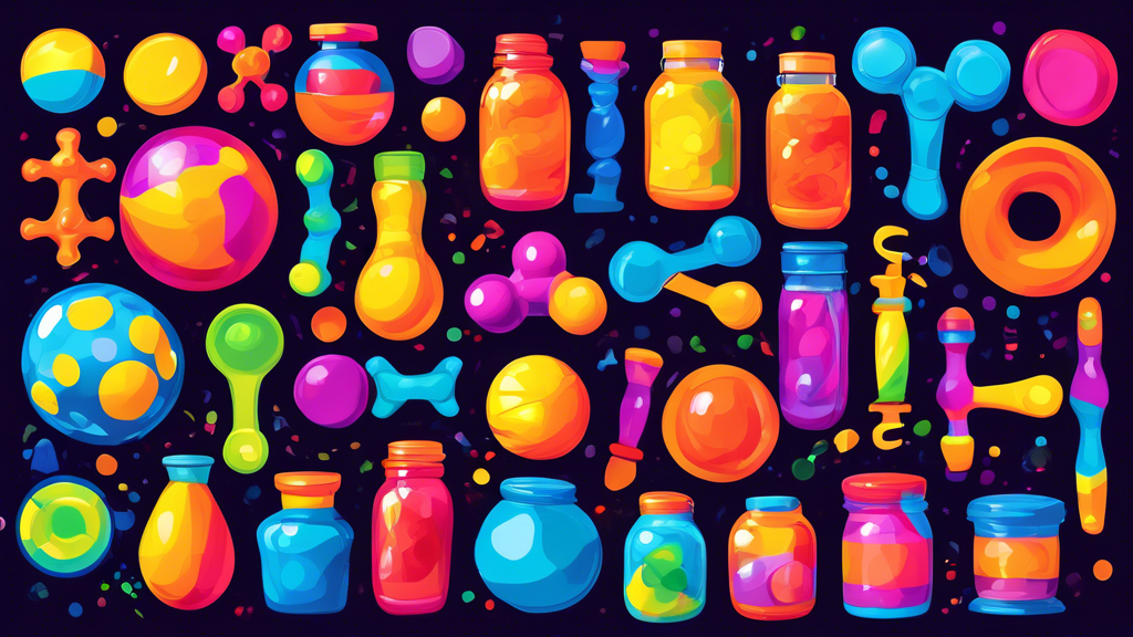 Create an image of a diverse set of sensory toys for kids, including fidget spinners, stress balls, textured puzzles, and colorful sensory jars. Each toy should be displayed in a vibrant and engaging way to capture the essence of enhancing learning t