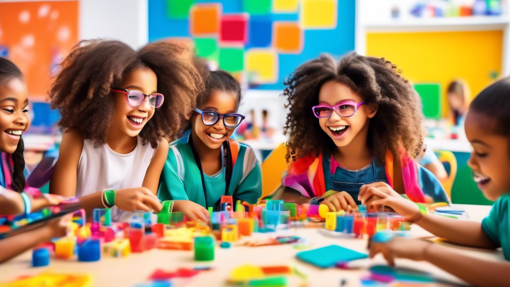 A vibrant and engaging image of children of diverse backgrounds enthusiastically participating in interactive STEM games in a bright and modern classroom, surrounded by colorful educational materials 
