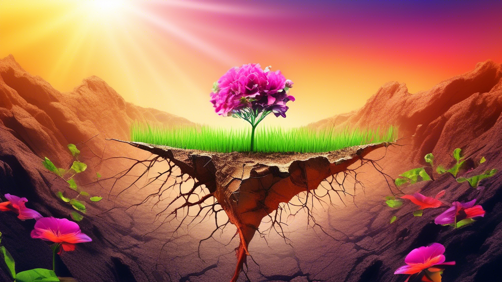 A vibrant and surreal landscape where a vibrant seedling sprouts from a cracked and barren earth, surrounded by lush foliage and vibrant flowers, symbolizing the transformative power of cultivating a 
