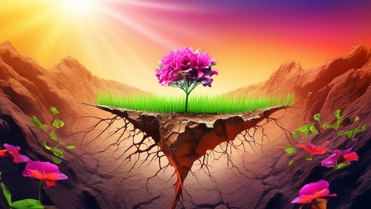 A vibrant and surreal landscape where a vibrant seedling sprouts from a cracked and barren earth, surrounded by lush foliage and vibrant flowers, symbolizing the transformative power of cultivating a 