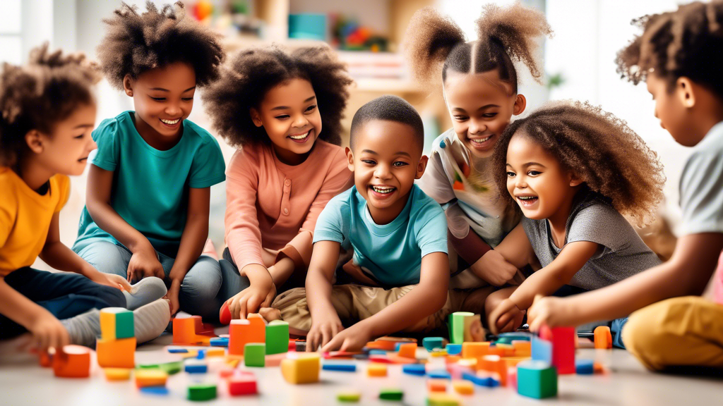 A diverse group of young children playing and learning together in an inclusive and welcoming environment, surrounded by supportive and caring adults who value their individual differences and promote
