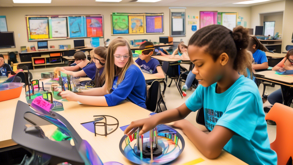 A vibrant and futuristic classroom filled with students engaged in hands-on learning activities that integrate science, technology, engineering, art, and math (STEAM). The classroom is equipped with s