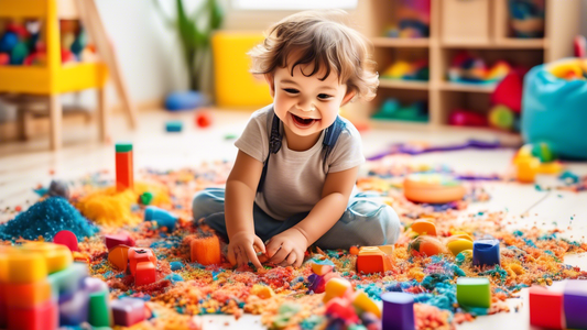A young child happily engaged in sensory play, surrounded by a variety of colorful and textured materials. The child is actively exploring the materials with their hands, mouth, and feet. The backgrou
