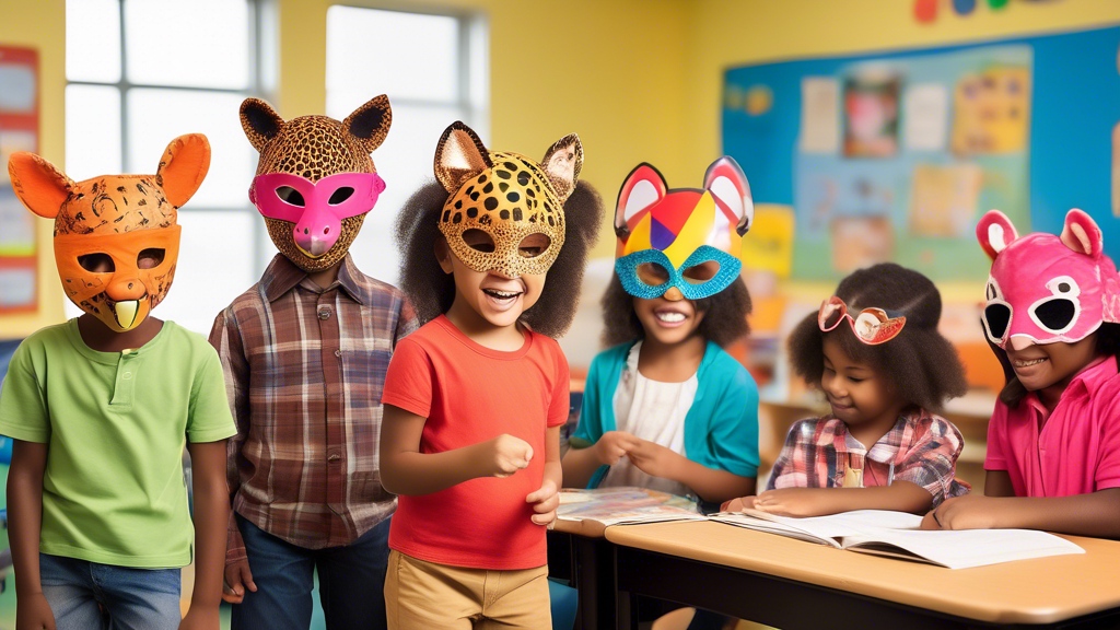 A group of diverse children wearing colorful clothing and animal masks engage in role-play activities in a cheerful and imaginative classroom setting. The children are actively involved in performing 
