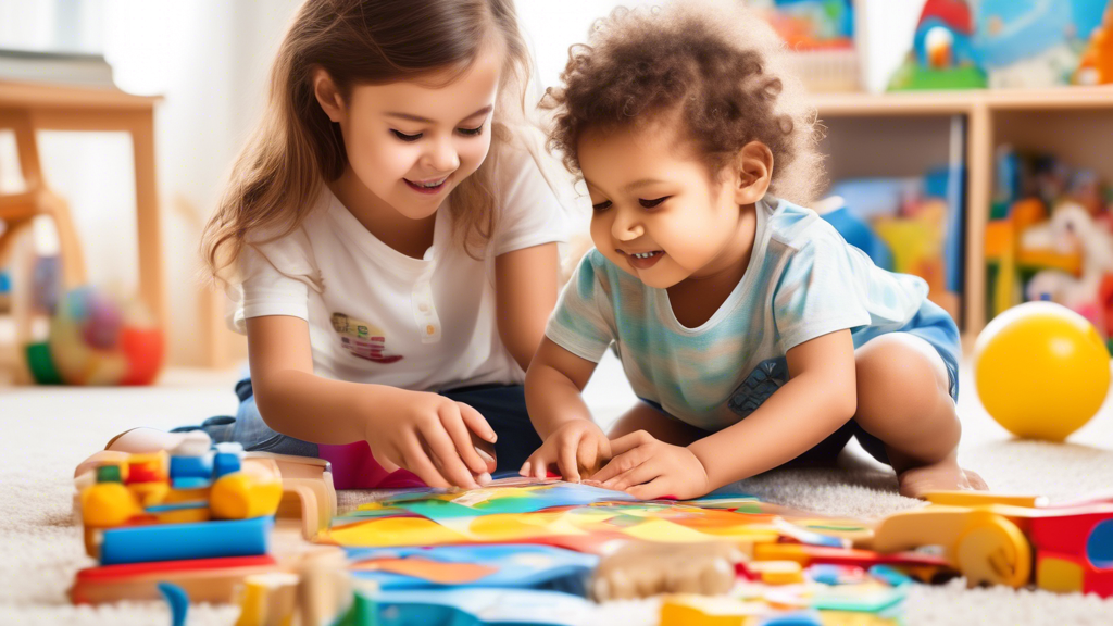 Create an image of a young child engaging in various language development activities, such as reading with a parent, playing with educational toys, listening to music, and interacting with other children. Include elements that symbolize the benefits 