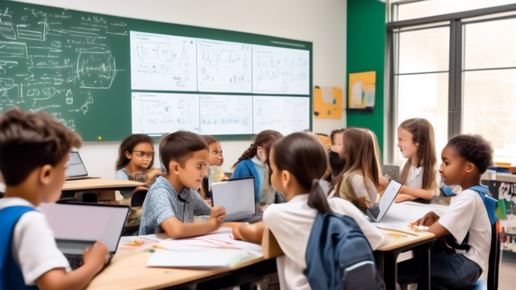 A virtual classroom with a whiteboard full of math equations, science diagrams, and historical timelines. A group of children of different ages are sitting at desks, engaged in their studies. The chil