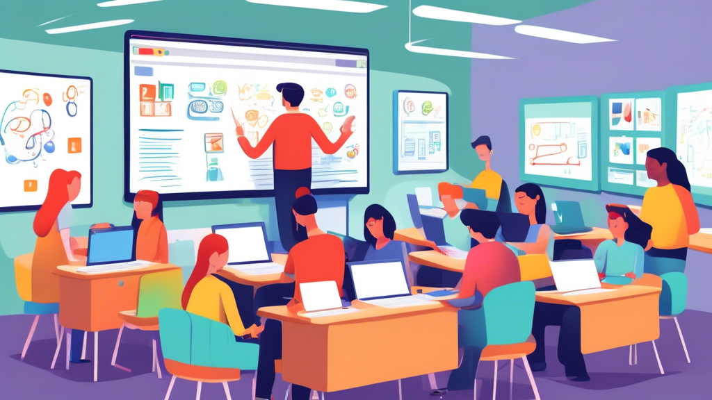 A collaborative classroom environment where students are working together on a project using laptops and interactive whiteboards, with a teacher providing guidance.