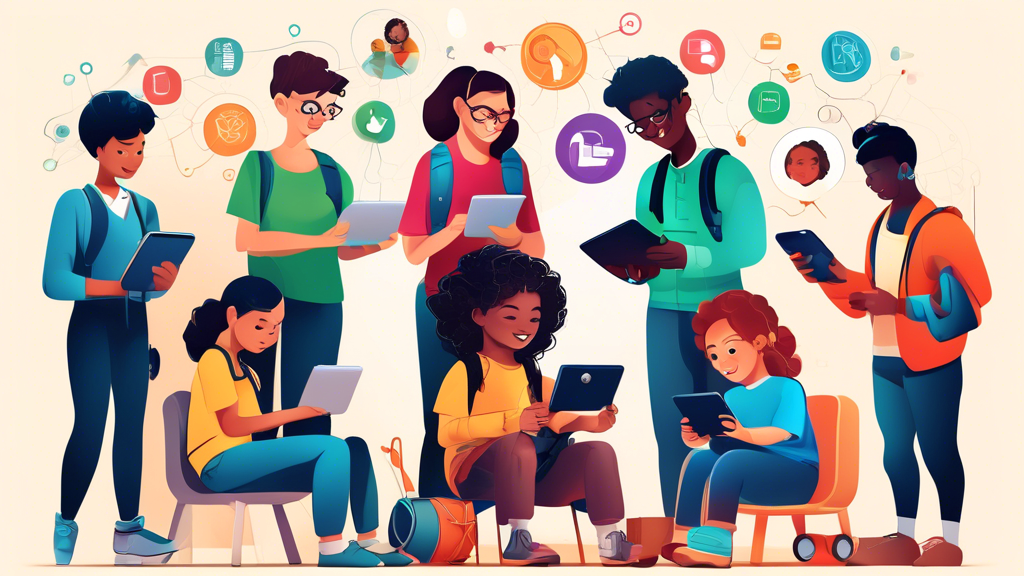 An illustration of a group of diverse students of all ages using various educational apps on different devices, representing the accessibility of STEAM education for all. The apps should showcase diff