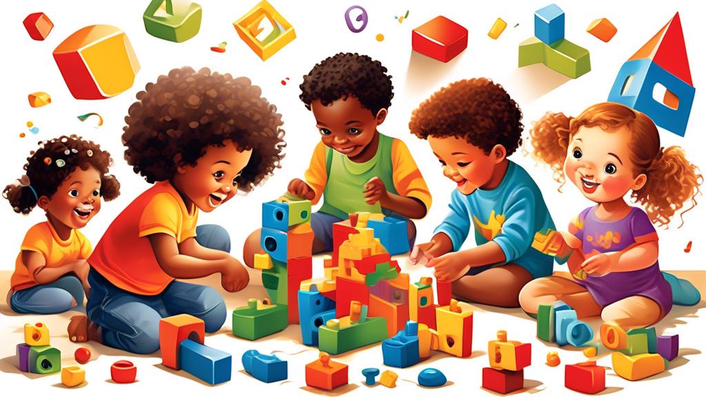 Create an image of a diverse group of children playing with a variety of educational toys and puzzles, showcasing their engagement and collaboration in language development activities. Each child should be depicted exploring different activities like