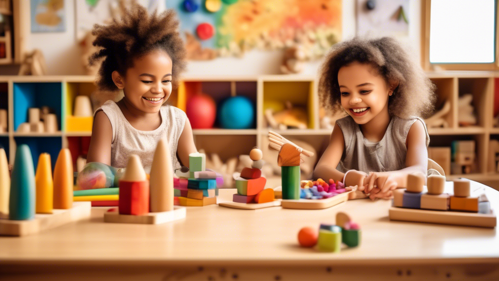 Two young children, one sitting in a Montessori classroom, surrounded by wooden toys and natural materials, and the other sitting in a Waldorf classroom, surrounded by colorful toys and artwork, both 