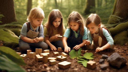 A photorealistic image of a group of children exploring nature in a forest, with Montessori and Waldorf educational materials scattered around them, such as magnifying glasses, wooden blocks, and natu