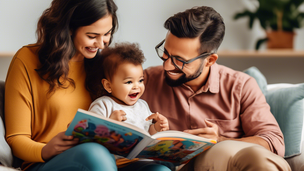 A toddler sitting in the lap of a parent, who is reading a book to them. The toddler is wearing a curious expression and is pointing at a picture in the book. The parent is smiling and encouraging the
