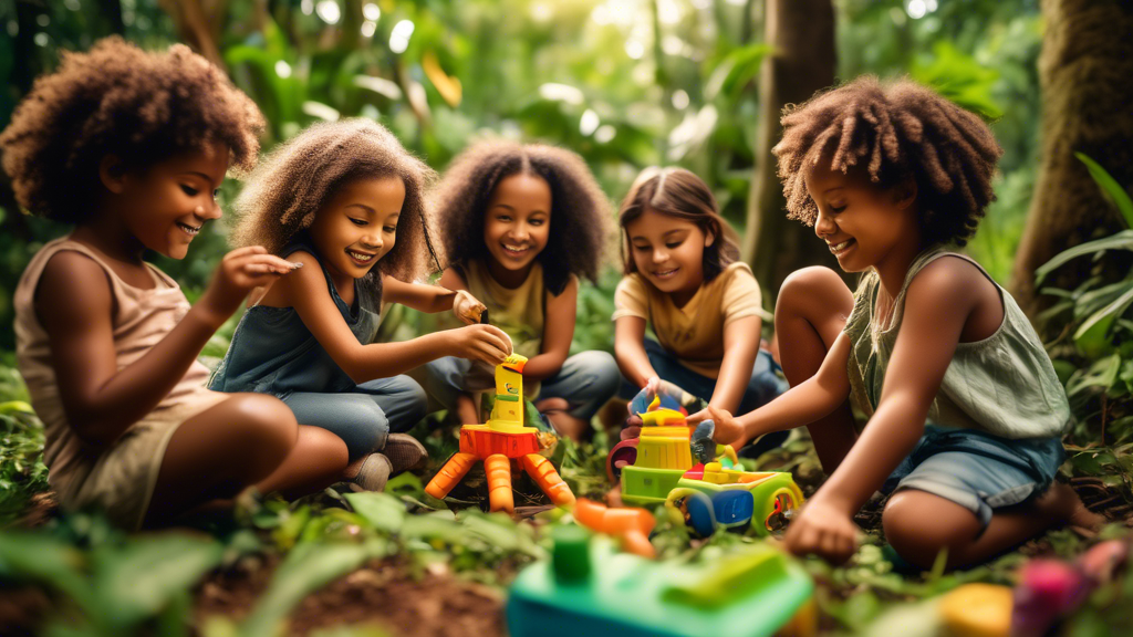 A vibrant and imaginative photo of a diverse group of children playing with sustainable and eco-conscious toys in a lush, natural environment. The toys should reflect the principles of environmental s