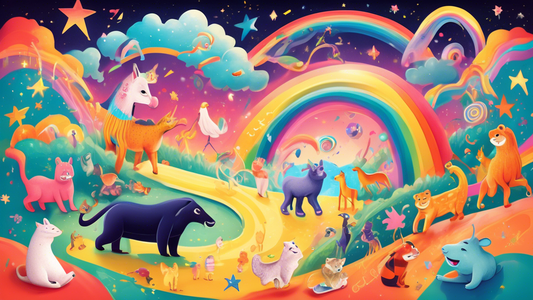 A vibrant and surreal illustration of a path made of intertwining rainbows and sparkling stars, surrounded by jubilant and diverse animal characters engaging in playful activities that symbolize socia