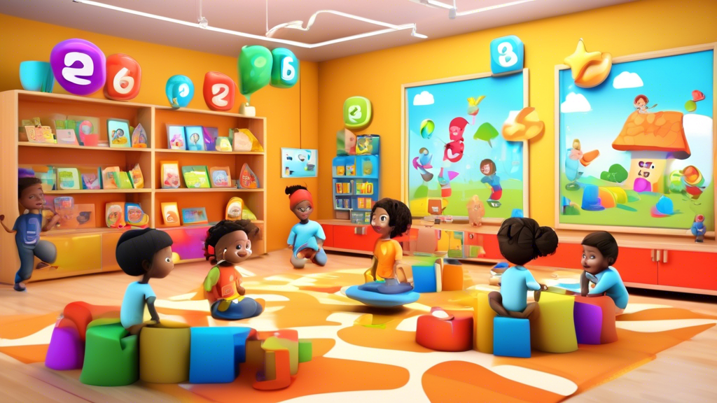 An interactive virtual classroom where children can play educational games, engage with colorful animated characters, and learn fundamental concepts like counting, shapes, and colors. The scene should