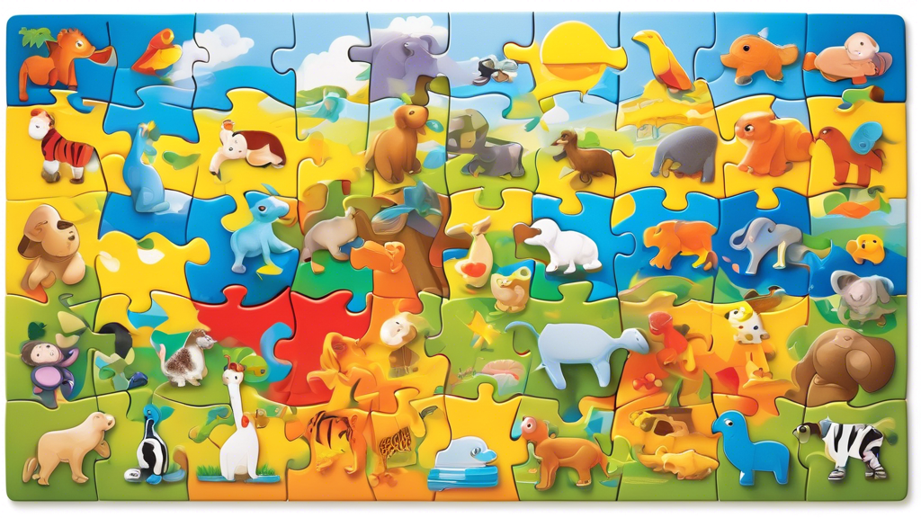 Create an image of a colorful and engaging puzzle designed specifically for children, with animals, shapes, and numbers incorporated into the puzzle pieces. The puzzle should be displayed on a vibrant play mat in a cozy room setting, surrounded by ed