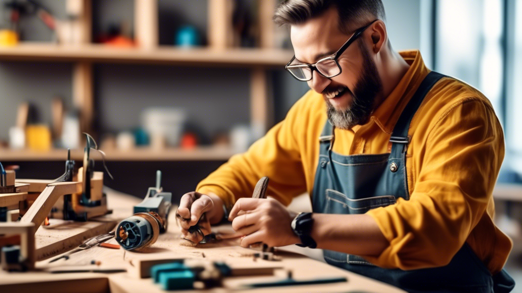 A photo of an adult learner working on a hands-on project, such as building a model or working with tools, with a sense of accomplishment and satisfaction on their face.