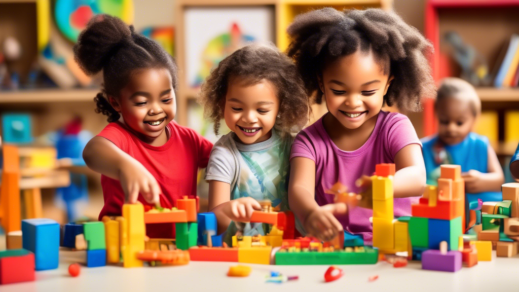 Create an image of a diverse group of preschoolers enthusiastically participating in hands-on STEM activities, such as building with blocks, exploring nature, conducting simple science experiments, and playing with educational toys. The children shou