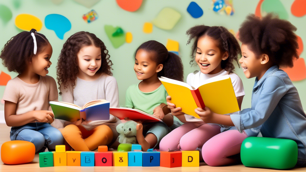 Create an image of a diverse group of young children engaged in various language development activities such as reading, storytelling, and interactive games. Include elements like colorful books, educational toys, and speech bubbles to convey the imp