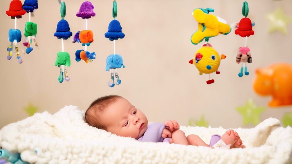 Create an image of a newborn gazing in wonder at a colorful mobile hanging above their crib, surrounded by baby toys and books on cognitive development. The scene should evoke a sense of curiosity, growth, and the limitless potential of early cogniti