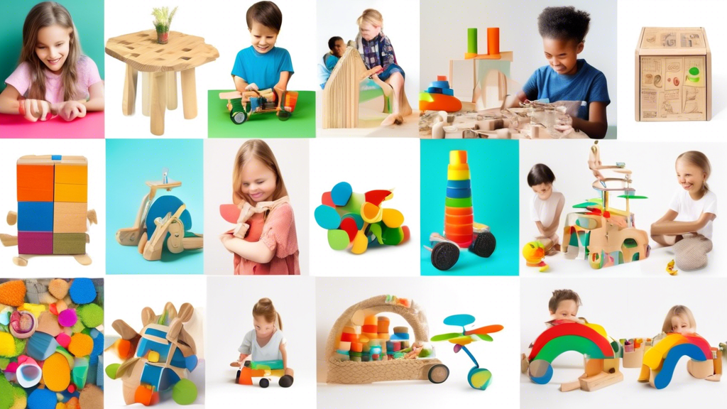 A collage of sustainable educational toys made from recycled and earth-friendly materials, surrounded by children playing and learning. Bright colors, natural textures, and a sense of playful discover