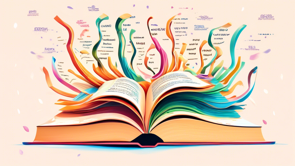 A vibrant and whimsical illustration of a book with pages spread out, revealing a stream of diverse words flowing out like a river, each word representing a new vocabulary concept being unlocked throu